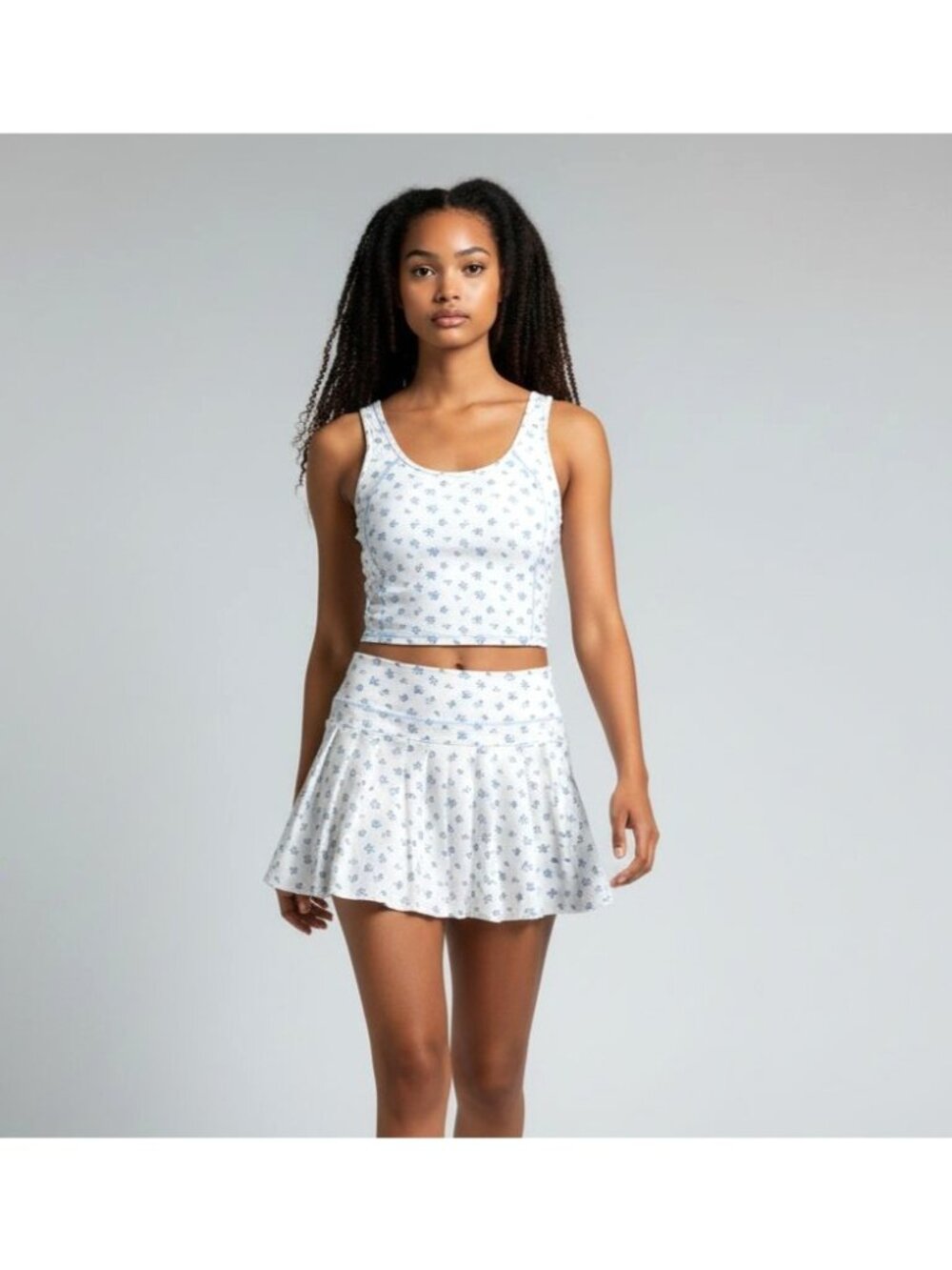 Young & Chic Crop Tank Top & Skirt Set XL Blue & White Tennis Pickleball